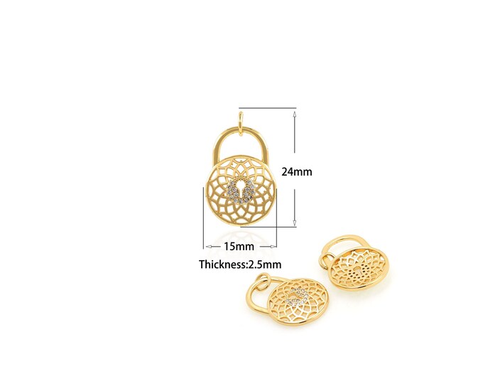 1PCS CZ Hollow Round Lock Pendant Micro-Pave Lock Necklace, DIY Jewelry Making Supplies Round Charm 15x24x2.5mm