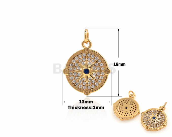 1PCS Micro-Pave Round Polaris Necklace Compass Pendant DIY Jewelry Making Accessories 18K Gold Filling Disc Charm 18x13x2mm