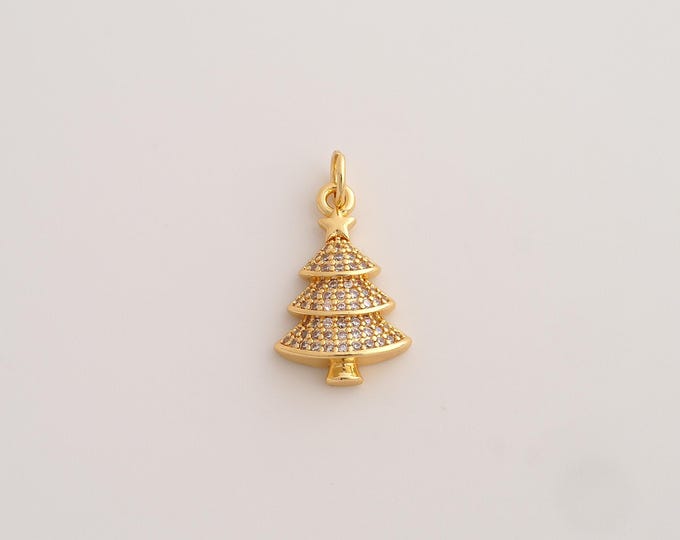 18K Gold Filled Christmas Tree Charm,Dainty Christmas Pendant,CZ Tree Pendant ,DIY Jewelry Supplies,22.2x12.3x3.7mm