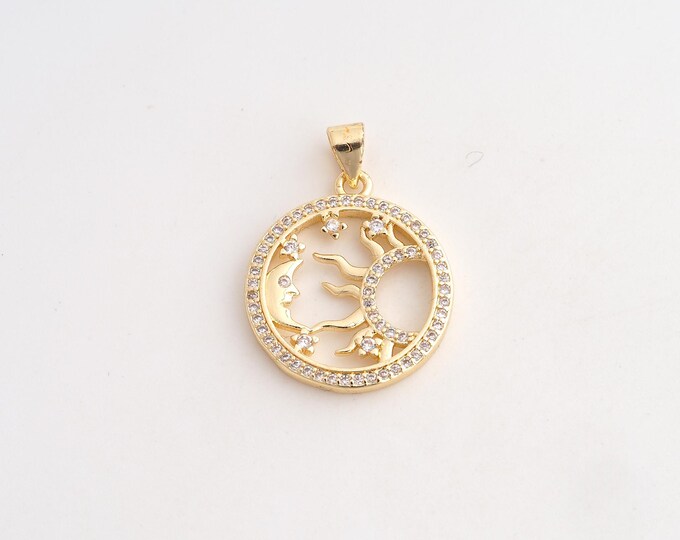 18K Gold Filled Sun Moon Star Charm,Dainty Celestial Pendant,CZ Round Pendant ,DIY Jewelry Supplies,27.6x19.7x2.5mm