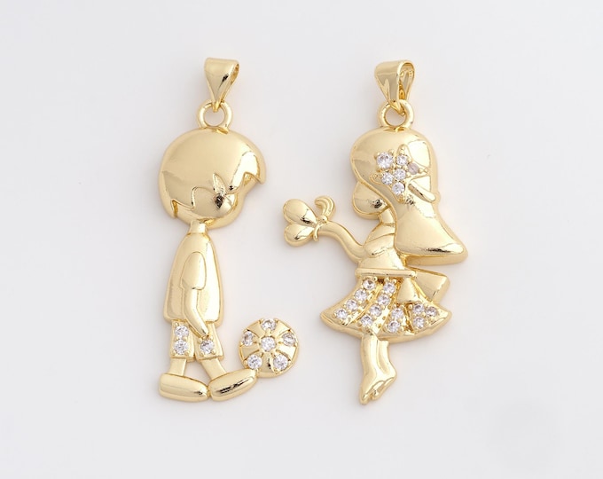 18K Gold Filled Couple Charm, Micropavé CZ Boy Pendant,Girl Necklace Charm,DIY Jewelry Supplies,Boy:43.2x20x4.3mm Girl：43.4x23x5.6mm