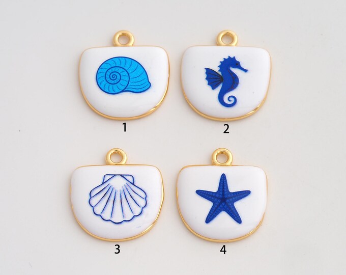 18K Gold Filled Shell Seahorse Pendant,Enamel Marine Life Charms,Snail Shell Starfish Charm DIY Jewelry Making Supply,22.2x20.4x3.4mm