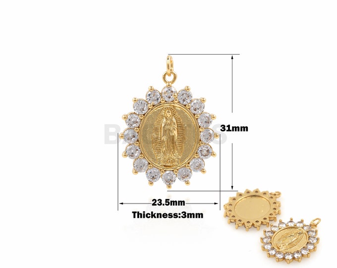 1PCS Round  Pendant Virgin Mary Necklace Miracle Charm Christian Jewelry Virgin Mary Medal Charm Micro-Pave 18K Gold Filling 31x23.5x3mm