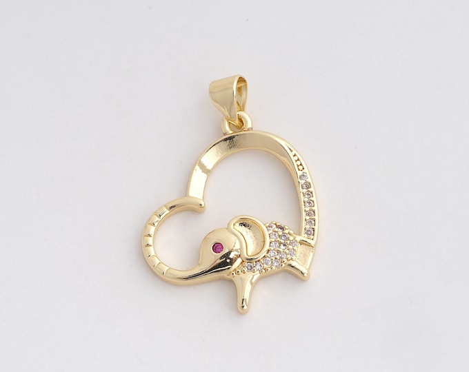 18K Gold Filled Elephant Pendant,Gold Heart Pendant,Heart Charm Bracelet Necklace for DIY Jewelry Making Supply,28.5x21x2.7mm