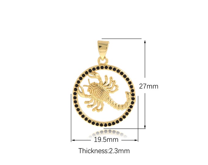 Scorpio Pendant, 18K Gold Filled Zodiac Necklace, Scorpio Charm, Micropavé CZ Scorpion Pendant, DIY Jewelry Supplies, 27x19.5x2.3mm