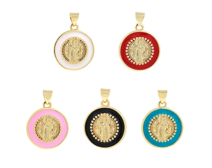 18K Gold Filled Enamel Saint Jude Pendant,Gold Dainty Religion Charms,Round Charm Bracelet Necklace for DIY Jewelry Making Supply