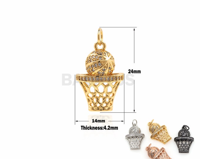 1PCS Basketball Pendant Basketball Box Pendant Sports Charm DIY Jewelry Making Cubic Zirconia 18K Gold Filling 23.7x12x1.9mm