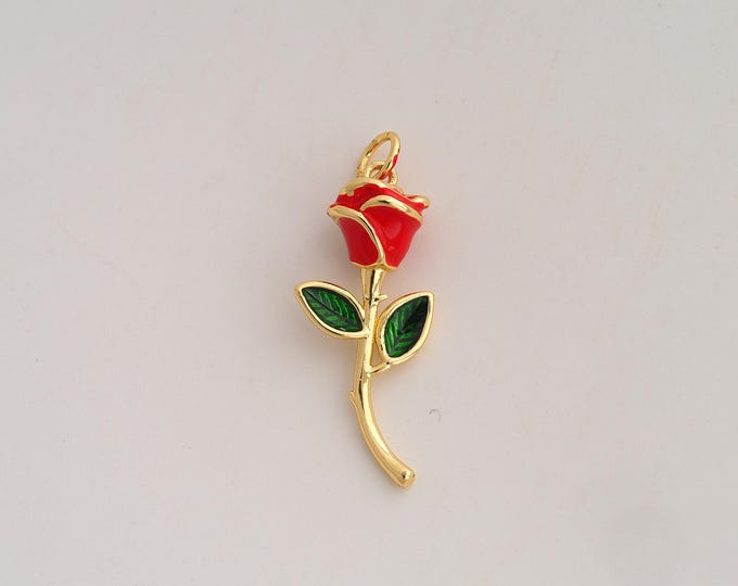 18K Gold Filled Rose Flower Charm,Dainty Enamel Flower Pendant,Red Rose Pendant ,DIY Jewelry Supplies,30x11.7x7mm
