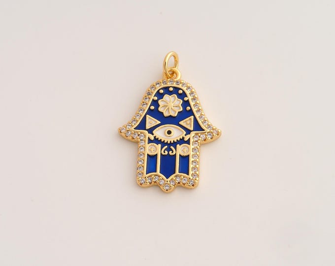 18K Gold Filled Hamsa Hand Charm,Dainty Enamel Fatima Pendant,CZ Hamsa Pendant ,DIY Jewelry Supplies,28.7x19.4x2.5mm