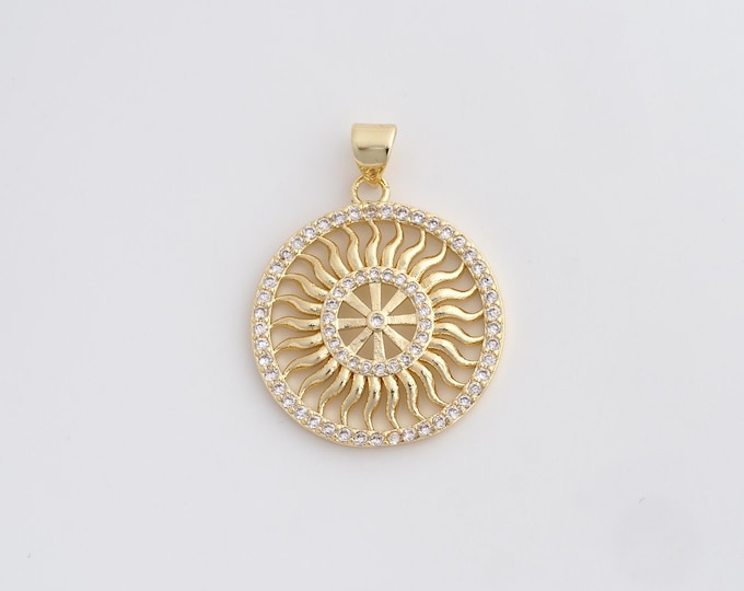 Micropavé CZ Round Pendant, Shell Pendant,Sun Charm, 18K Gold Filled Wheel Pendant, DIY Jewelry Supplies, 30.2x23x3mm