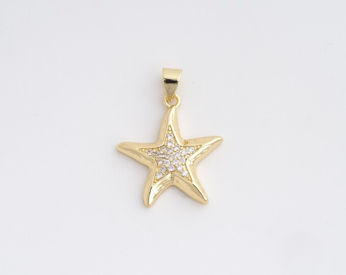 18K Gold Filled Starfish Charm, Micropavé CZ Starfish Pendant,Starfish Necklace Charm, DIY Jewelry Supplies, 24.7x18.5x3mm