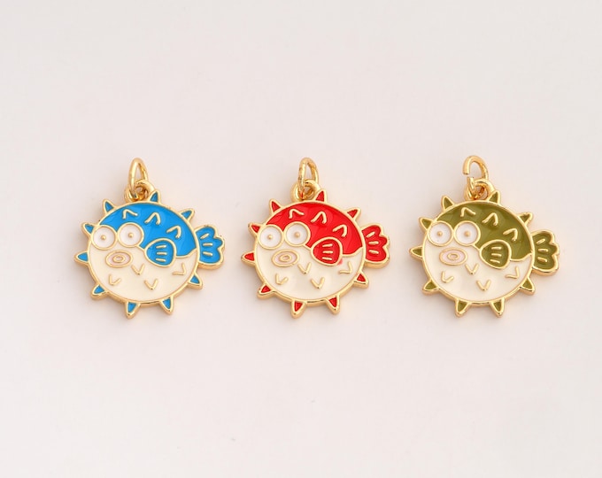 18K Gold Filled Pufferfish Charm,Dainty Enamel Marine Life Pendant,Pufferfish Pendant ,DIY Jewelry Supplies,20x17.7x1.8mm