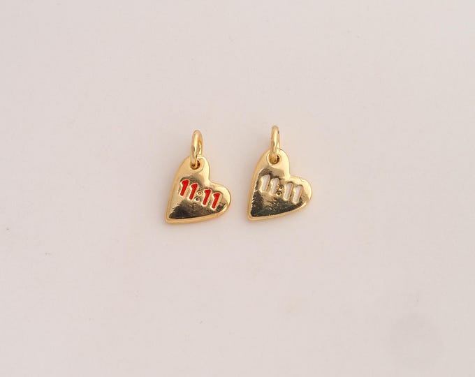 18K Gold Filled Heart Charm,Dainty Enamel 11:11 Pendant,Angel Number Pendant ,DIY Jewelry Supplies,13.2x8x1.7mm