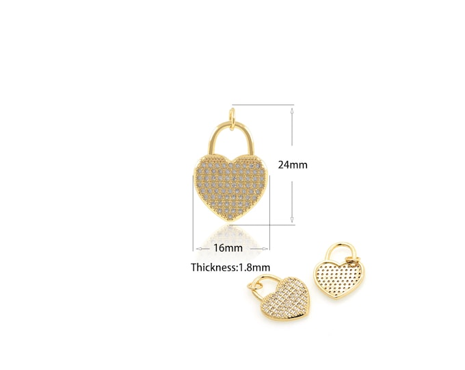 1Pcs Micro-Paved Zircon Heart-Shaped Key Lock Pendant Heart-Shaped Padlock Pendant Love Lock Necklace DIY Jewelry Making 16x24x1.8mm