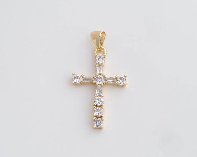 Cross Charm,18K Gold Filled Cross Necklace,Religious Charm, MicroPave CZ Christian Charm, DIY Jewelry Supplies, 32x17.4x3mm