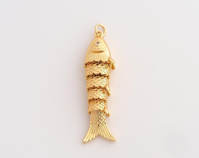 18K Gold Filled Fish Charm,Micropave CZ Marine Life Pendant,Fish Necklace Charm, DIY Jewelry Supplies, 45x12.3x7.4mm