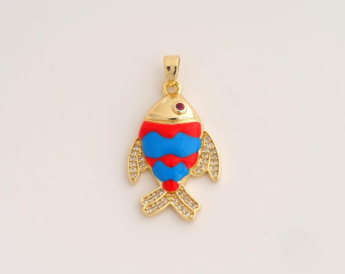 18K Gold Filled Fish Charm,Dainty Enamel Marine Life Pendant,CZ Fish Pendant ,DIY Jewelry Supplies,33x17.7x4.8mm