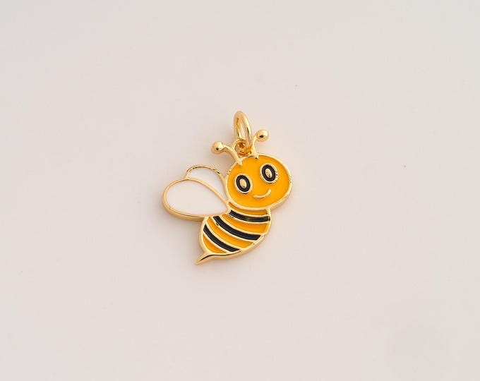 18K Gold Filled Bee Charm,Dainty Enamel Insect Pendant,Bee Pendant ,DIY Jewelry Supplies,16.2x14.5x2mm