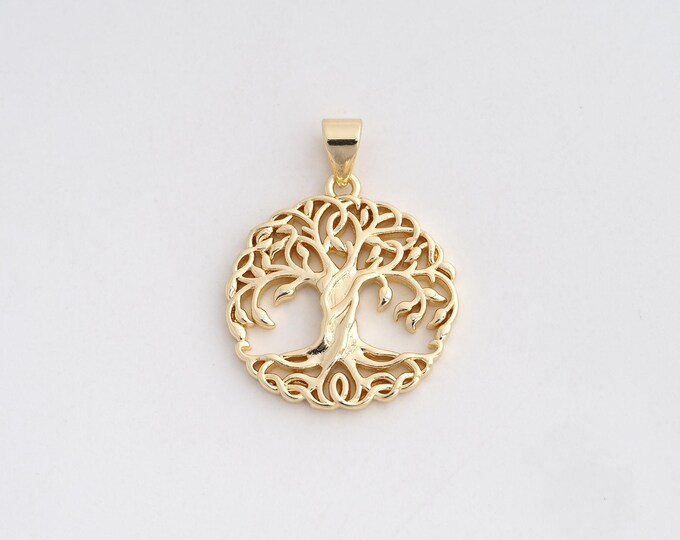 18K Gold Filled Tree of Life Pendant,Round Charms,Tree Charm Bracelet Necklace for DIY Jewelry Making Supply,26.3x20.2x1.8mm