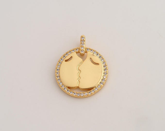 18K Gold Filled Lovers Kissing Charm,Dainty Kissing Pendant,CZ Kissing Disc Pendant ,DIY Jewelry Supplies,24.7x19.7x2.2mm