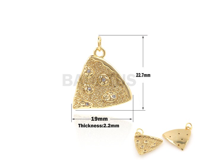 1PCS Pizza Pendant Pizza Necklace, Pizza Slice Charm, Pepperoni Pizza Food Charm Production Cubic Zirconia 18K Gold Filling 22.7x19x2.2mm