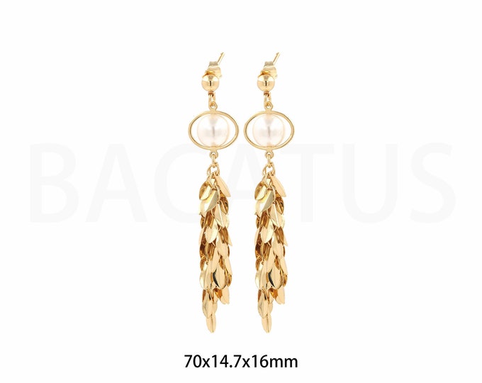 Pearl Earrings,Tassel Earrings, Boho Earrings, 18K Gold Filled Leaf Earrings, Statement Earrings, Bar Earrings, Leaf Earrings, Gift for Her,