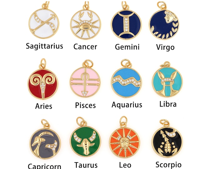 18K Gold Filled Twelve constellations Pendant,Enamel Zodiac Necklace Charm Bracelet Necklace for DIY Jewelry Making Supply