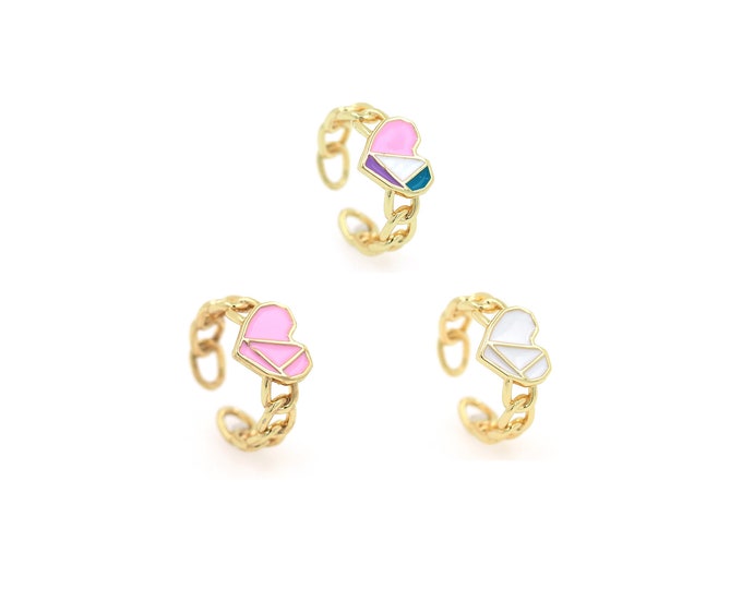 18K Gold Filled Open Ring,Gold Dainty Enamel Chain Ring,Heart Ring,Gift for Her