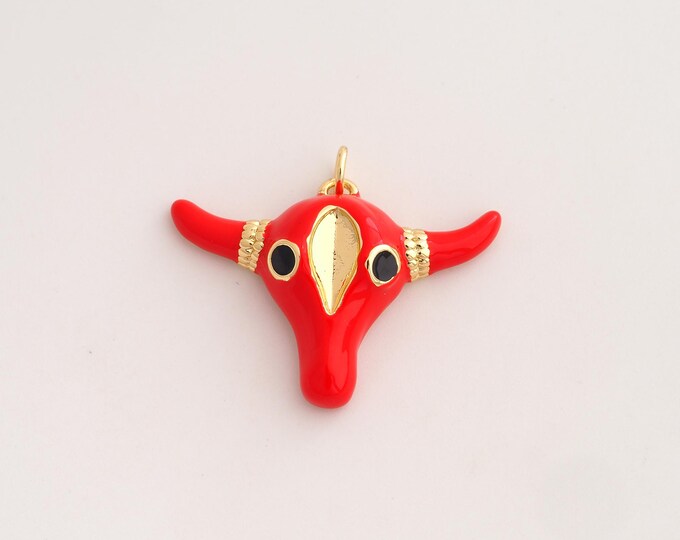 18K Gold Filled Cow Head Charm,Dainty Enamel Animal Pendant,Cow Pendant ,DIY Jewelry Supplies,26.7x31.8x6.7mm