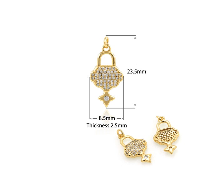 1PCS Zircon Key Lock Pendant 18K Gold Brass Handle Lock Pendant Zircon Key Pendant Is Suitable For Jewelry Making Supplies 8.5x23.5x2.5mm