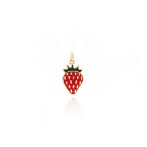 18K Gold Filled Enamel Strawberry Pendant, Strawberry Necklace, Enamel Fruit Pendant, Fruit Charm, Gourmet Pendant 22x11.3x4.3mm