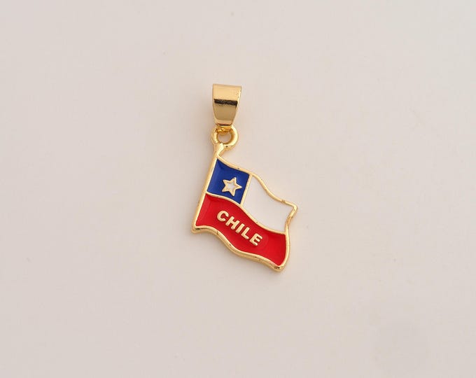 18K Gold Filled Chile Flag Charm,Dainty Enamel Chile Pendant,Flag Pendant ,DIY Jewelry Supplies,23.5x14.7x1.7mm