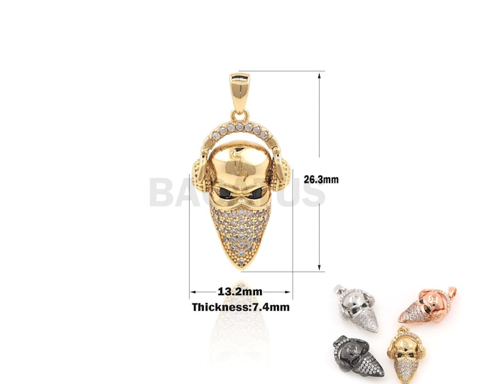 1PCS Mask Man Pendant Listening to Song Pendant Music Charm DIY Jewelry Making Cubic Zirconia 18K Gold Filling  paving 26.3x13.2x7.4mm