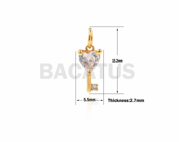 1PCS 18K Gold Heart-Shaped Key Pendant, Key Necklace, Micro Pave Key Charm, Key Charm, DIY Jewelry Making Supplies 15.2x5.5x2.7mm