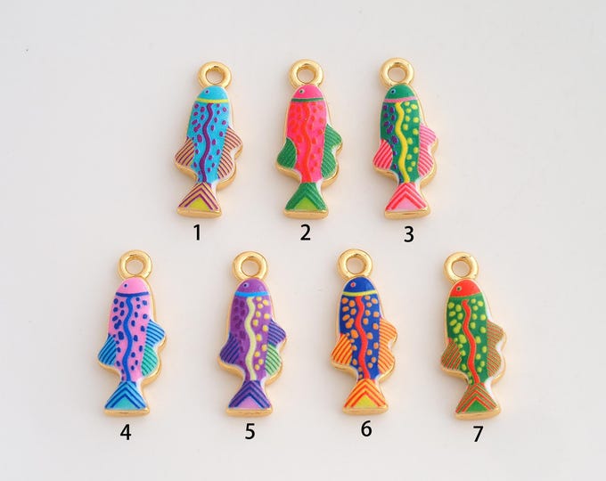 18K Gold Filled Fish Pendant,Enamel Marine Life Charms,Fish Charm DIY Jewelry Making Supply,22.8x9x3.6mm