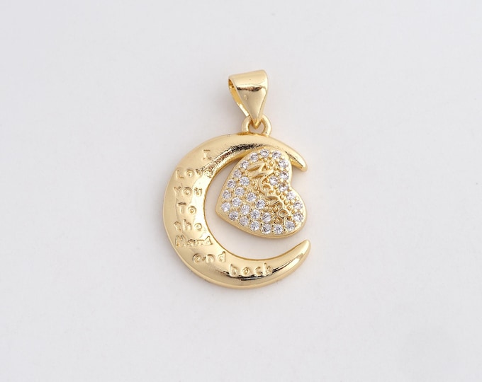 Crescent Moon Pendant, 18K Gold Filled Moon Heart Pendant, Heart Charm, Micropavé CZ Crescent Charm, DIY Jewelry Supplies, 24.6x16.6x2.7mm