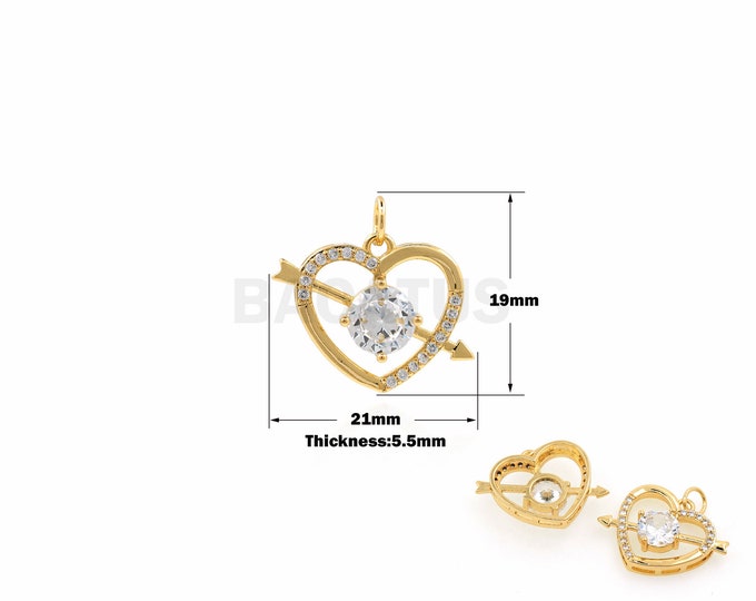 1Pcs Gold-Plated Zircon Arrow And Heart-Shaped Necklace Pendant, Romantic Anniversary Gift For Wife, Hollow Heart Charm CZ Charm 19x21x5.5mm