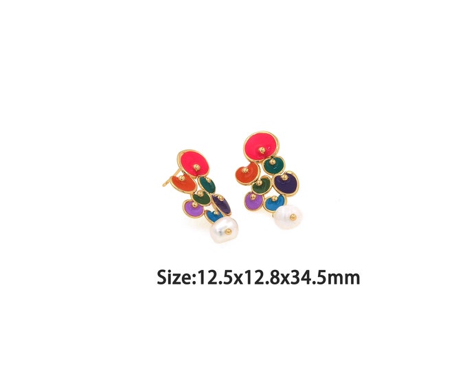 1pair 18K Gold Filling Enamel Stud Earrings,Gold pearl Stud Earring,Simple Stud Earrings,Gift for Her