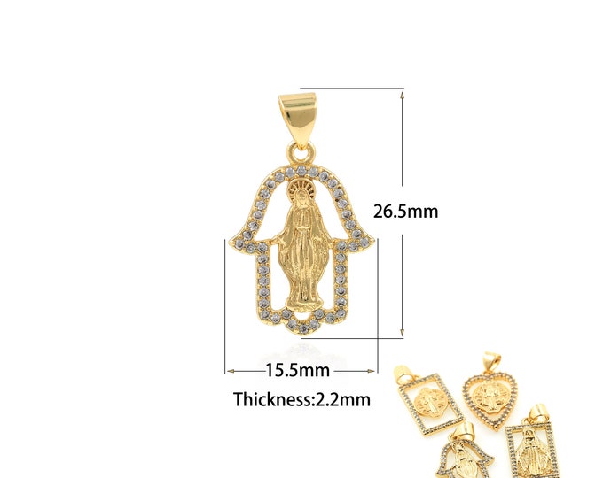 1PCS Hamsa Hand Virgin Mary Pendant Heart Shaped Rectangular Shape Maria Necklace Jewelry Cubic Zirconia Religious Belief Christian Jewelry