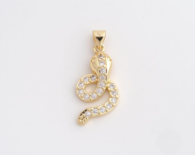 18K Gold Filled Snake Charm, Micropavé CZ Animal Pendant,Snake Necklace Charm, DIY Jewelry Supplies, 26.4x12.8x4.5mm