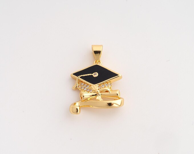 18K Gold Filled Doctoral Cap Charm,Dainty Enamel Diploma Scroll Pendant,CZ Doctoral Cap Pendant ,DIY Jewelry Supplies,23.2x18x5.3mm