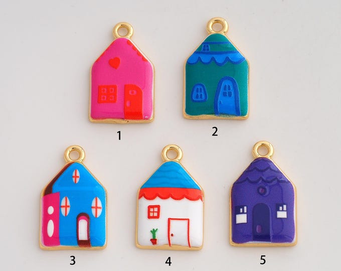 18K Gold Filled House Pendant,Enamel House Charms,House Charm DIY Jewelry Making Supply,24.8x15.2x3.6mm
