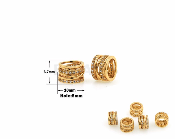 1Pcs  Large Round Hole Spacer Beads, Metal Copper Micro-Pave CZ Round Hole Spacer Beads, Used For Making Jewelry Bracelets 10x6.7mm,Hole8mm