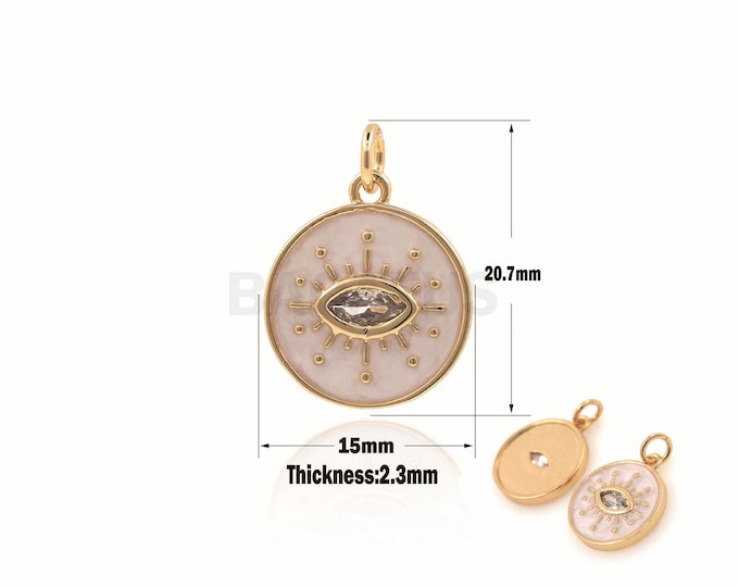 1pcs White Enamel Round Eye Necklace, Eye Pendant, Gold  Eye Necklace,  Eye Charm 20.7x15x2.3mm