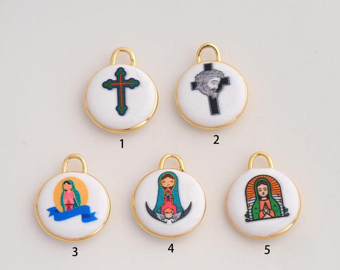 18K Gold Filled Cross Pendant,Enamel Religion Charms,Virgin Mary Charm DIY Jewelry Making Supply,21.2x17.3x4mm