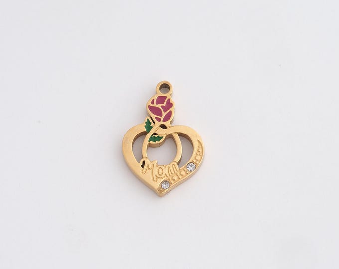 Stainless Steel Heart Pendant,Flower Charms,Heart Rose Charm Bracelet Necklace for DIY Jewelry Making Supply,18.4x12.8x2mm