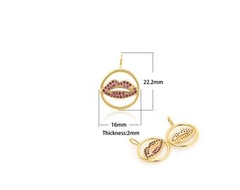 1PCS CZ Micro-Pave Fuchsia Lip-shaped Round Hollow Pendant, Cubic Zirconia Lip-shaped Pendant, Gold-plated Pendant Jewelry 16x22.2x2mm