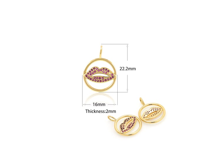 1PCS CZ Micro-Pave Fuchsia Lip-shaped Round Hollow Pendant, Cubic Zirconia Lip-shaped Pendant, Gold-plated Pendant Jewelry 16x22.2x2mm
