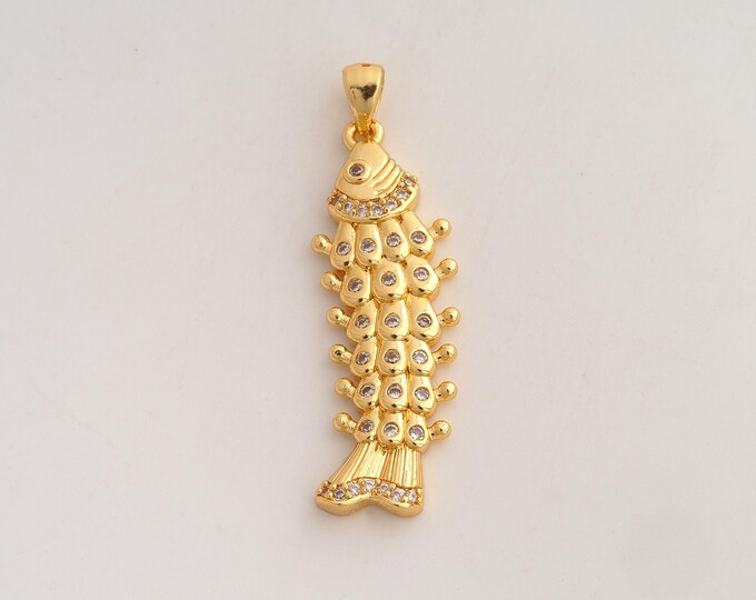 18K Gold Filled Fish Charm,Dainty Marine Life Pendant,CZ Fish Pendant ,DIY Jewelry Supplies,43x13x3.5mm