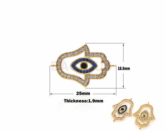 1PCS 18K  CZ Micro-Pave Hamsa Connector, Hamsa Hand Connector, Hamsa Charm Suitable For Jewelry And Bracelet Making Supplies 16.5x25x1.9mm